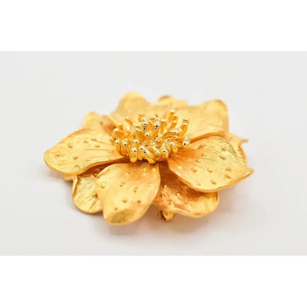 KJL Vintage Dogwood Flower Pin Brooch Brushed Gold Matte Chunky Signed 80s BinBK